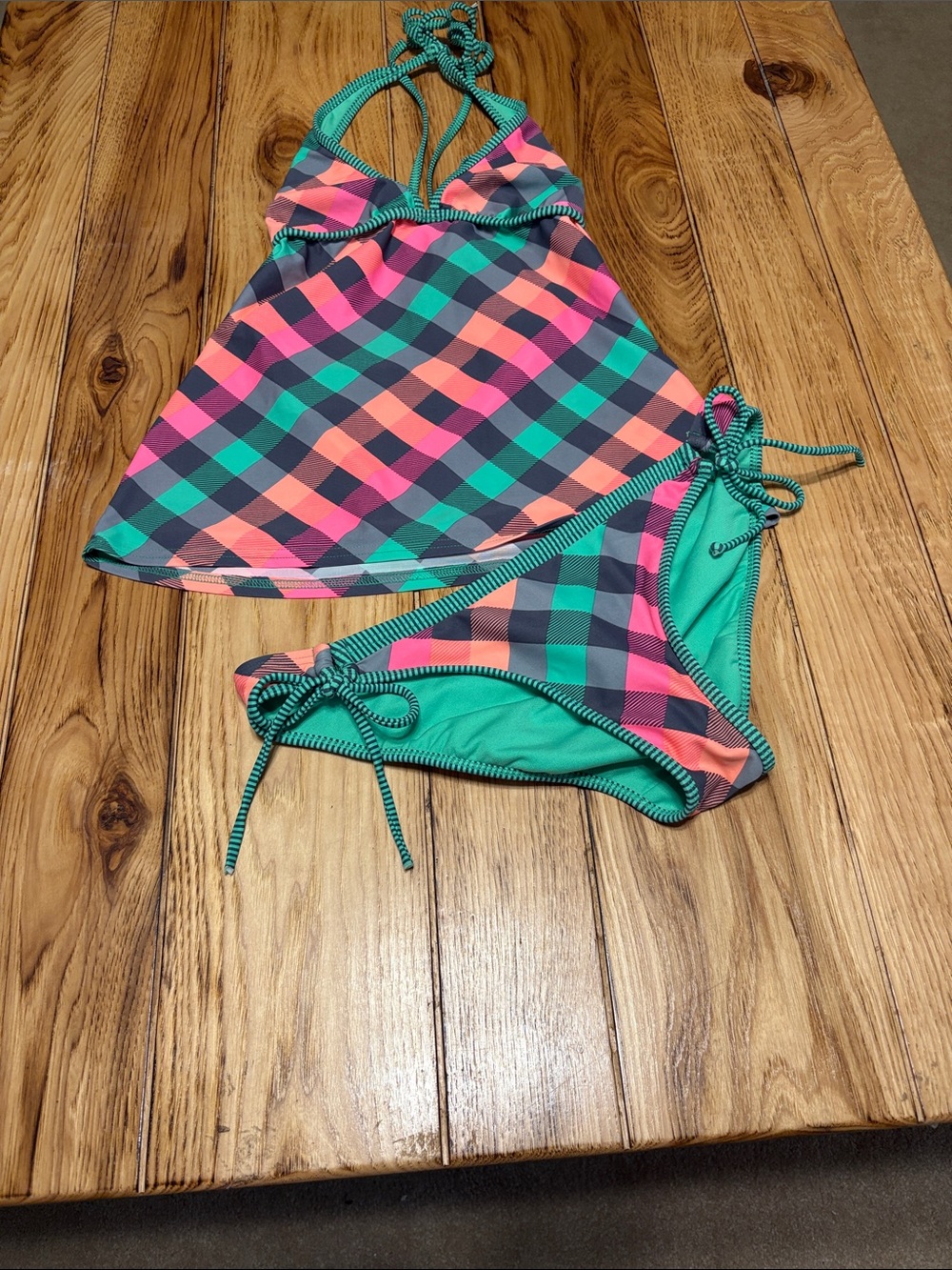 Arizona Jean Company Plaid Tankini Set - Teal, Pink & Navy